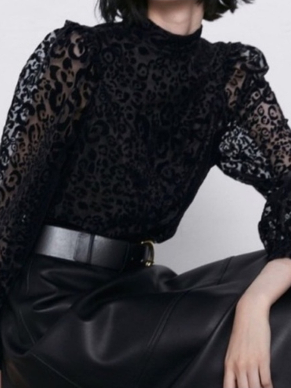 ZARA black sheer leopard print blouse with a subtle velvet/flocked texture